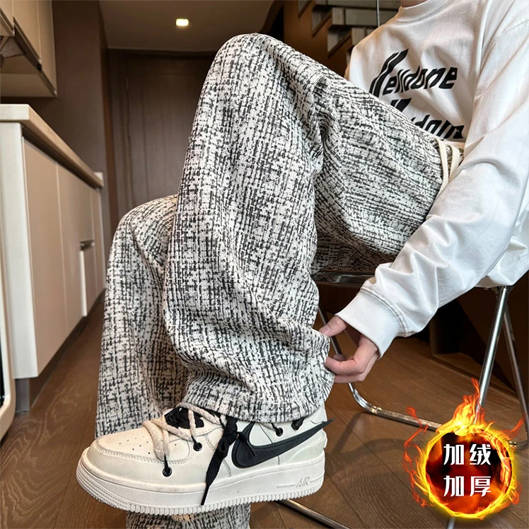 美式脏脏裤秋冬款加绒直筒编织工艺宽松百搭抽绳运动裤垂感阔腿裤