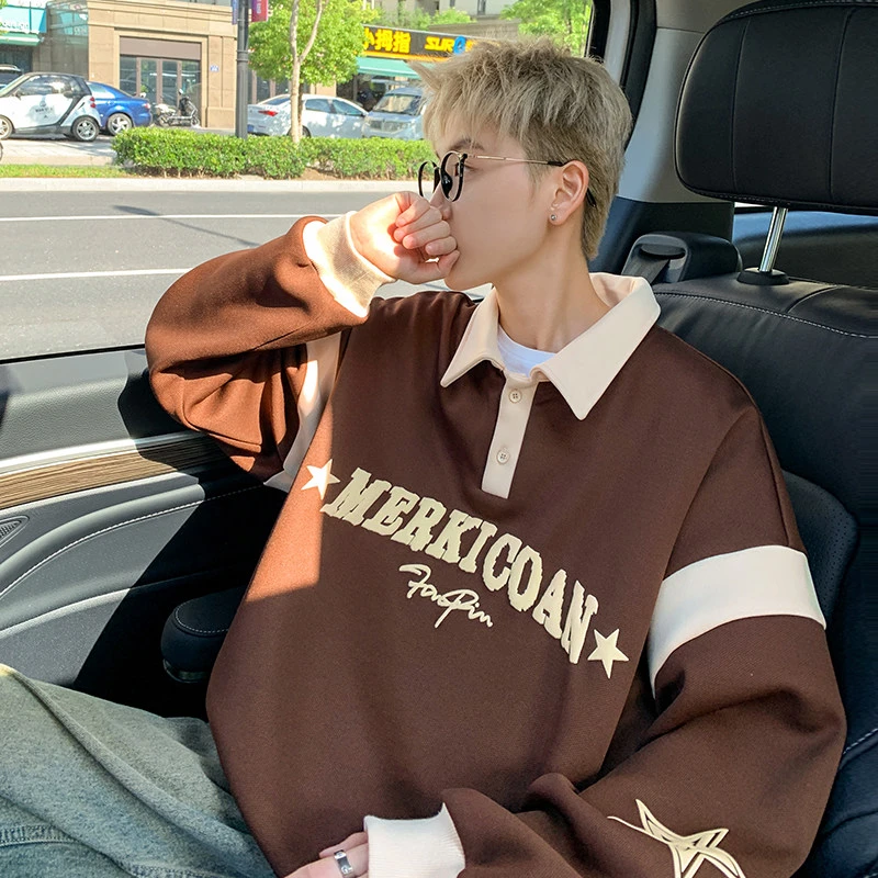 POLO衫卫衣男款春季大码美式复古衣服宽松潮流重磅无帽发泡外套