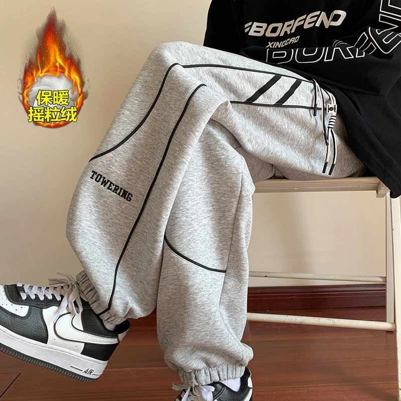 灰色卫裤男秋冬美式高街束脚运动裤加绒加厚宽松休闲长裤K31269J