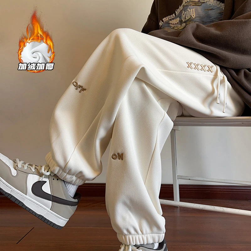 裤子男暖冬加绒潮流休闲束脚卫裤宽松秋冬美式复古运动裤HK323865