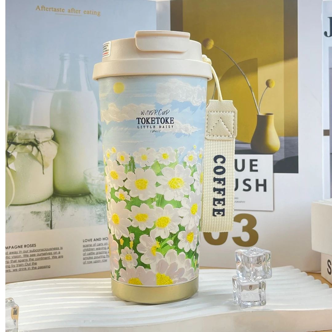 新款可爱风粉色蓝色咖啡杯316双饮口设计水杯夏季保冰冬季保温