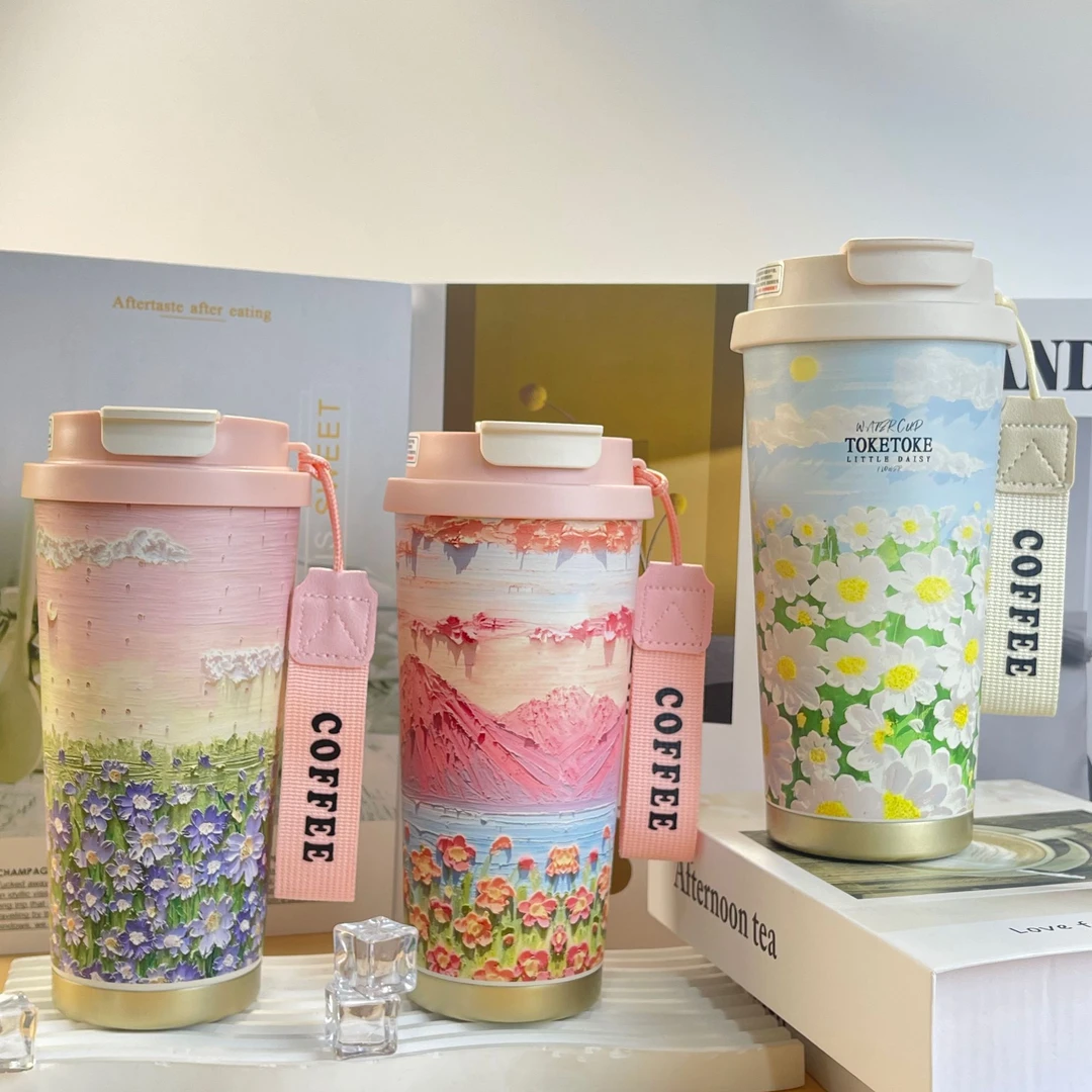 新款可爱粉色系咖啡杯316双饮口设计水杯夏季保冰保温冬季