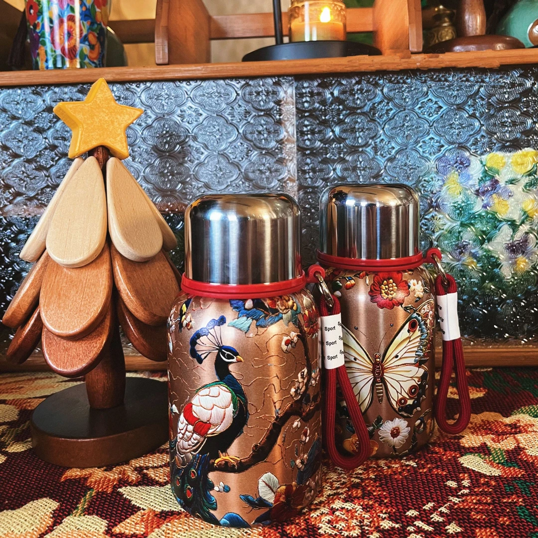 【Azu专属】复古金孔雀蝴蝶316保温杯便携创意高颜值手提绳家用水杯