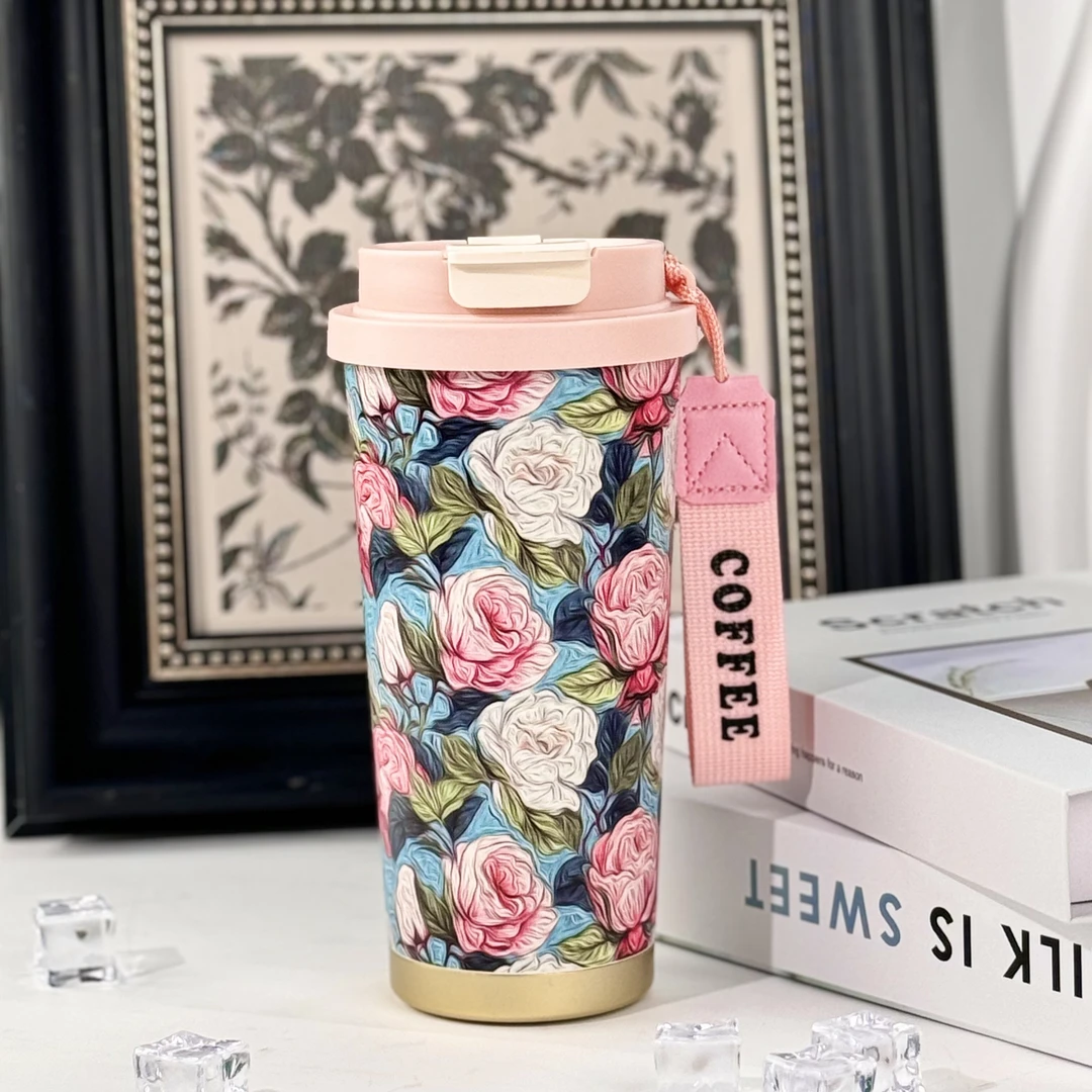 时尚学生手提可爱粉玫瑰咖啡杯316内胆高颜值双饮保温保冰咖啡杯