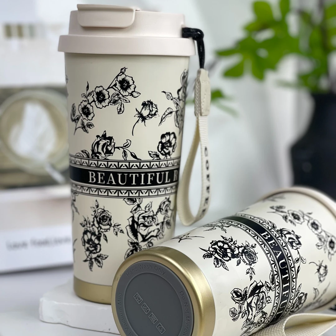 新款高颜值便携创意玫瑰咖啡杯316内胆高颜值双饮保温保冰咖啡杯