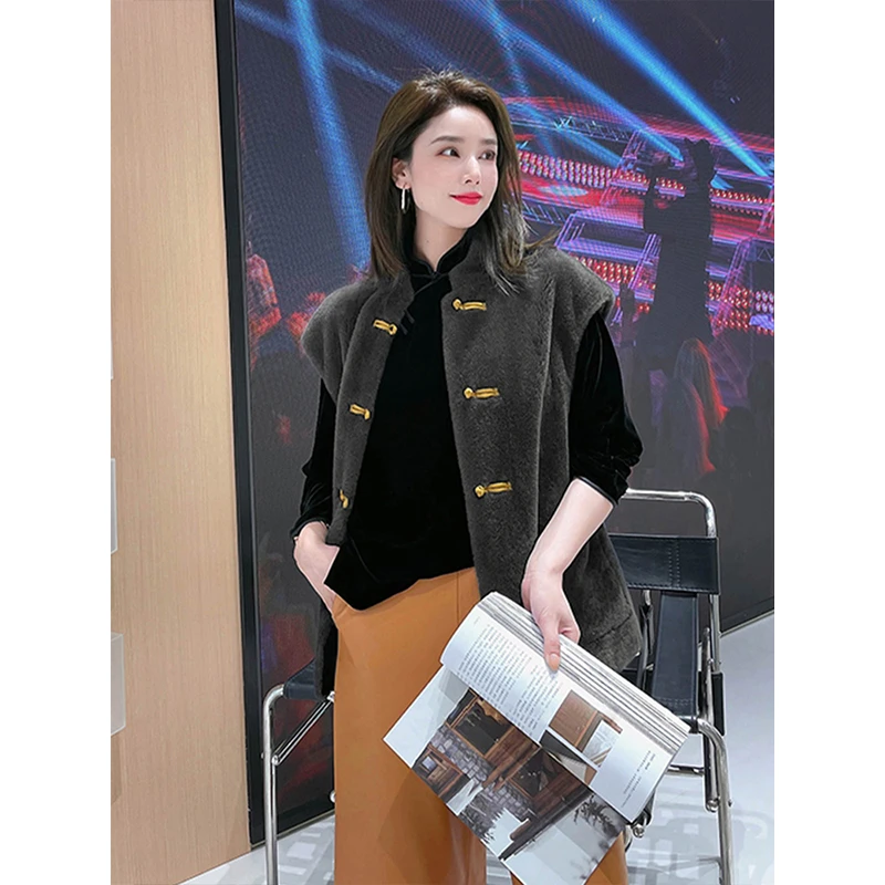 KeleCoco国风盘扣全羊毛羊剪绒皮草马甲女2023新款羊羔毛马夹外套
