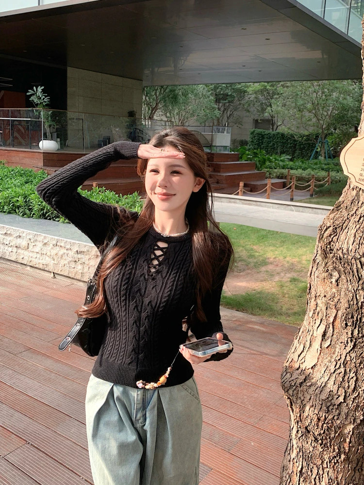 美式秋冬复古穿搭麻花镂空收腰显瘦打底毛衣女针织上衣【运补6-8元