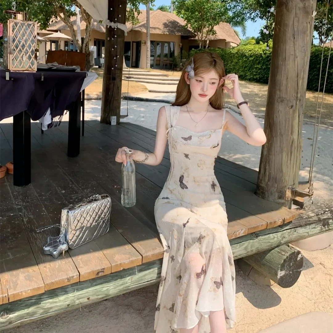 法式温柔度假风设计感蝴蝶印花仙女裙吊带连衣裙长款夏季小众