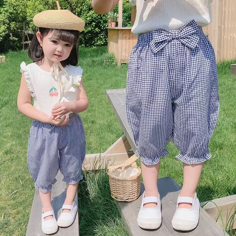 女童夏季七分裤薄款格子裤宽松防蚊裤夏装休闲裤子