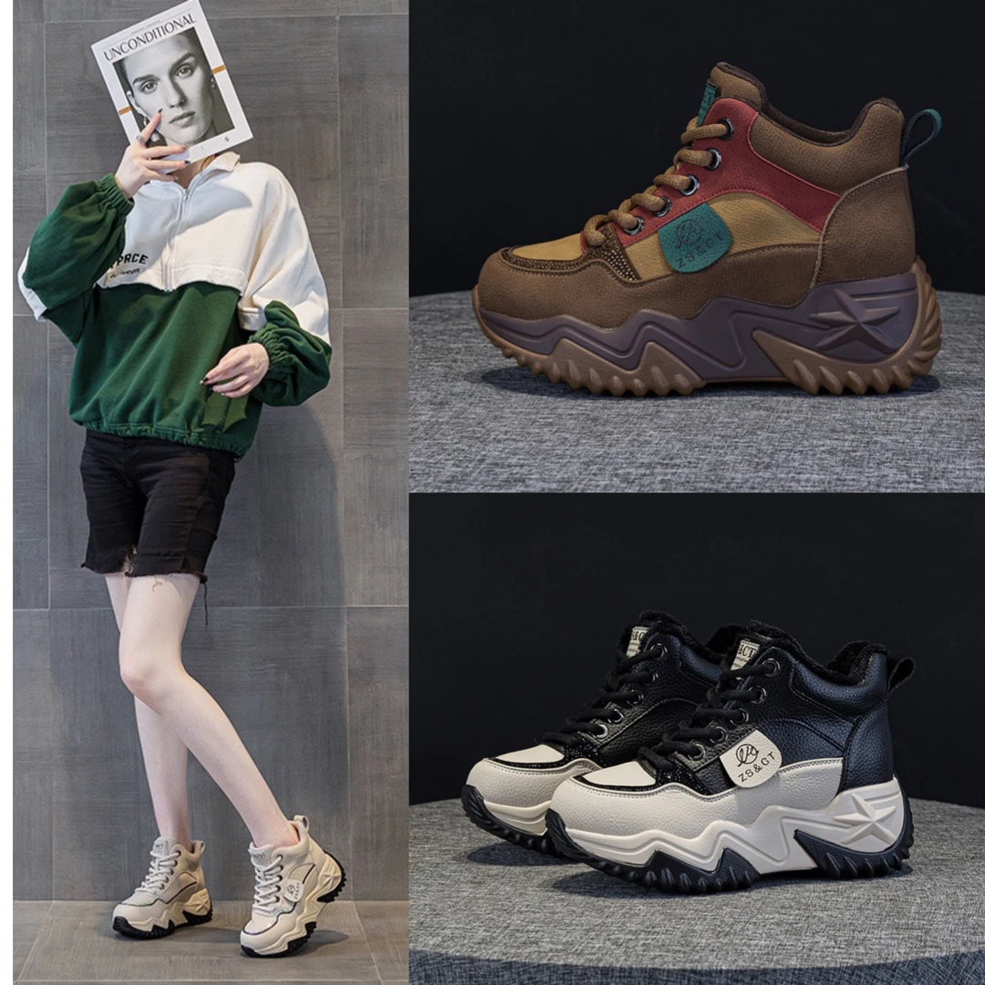 真皮老爹鞋女2024秋冬款厚底轻便加绒棉鞋网红小众百搭增高休闲鞋