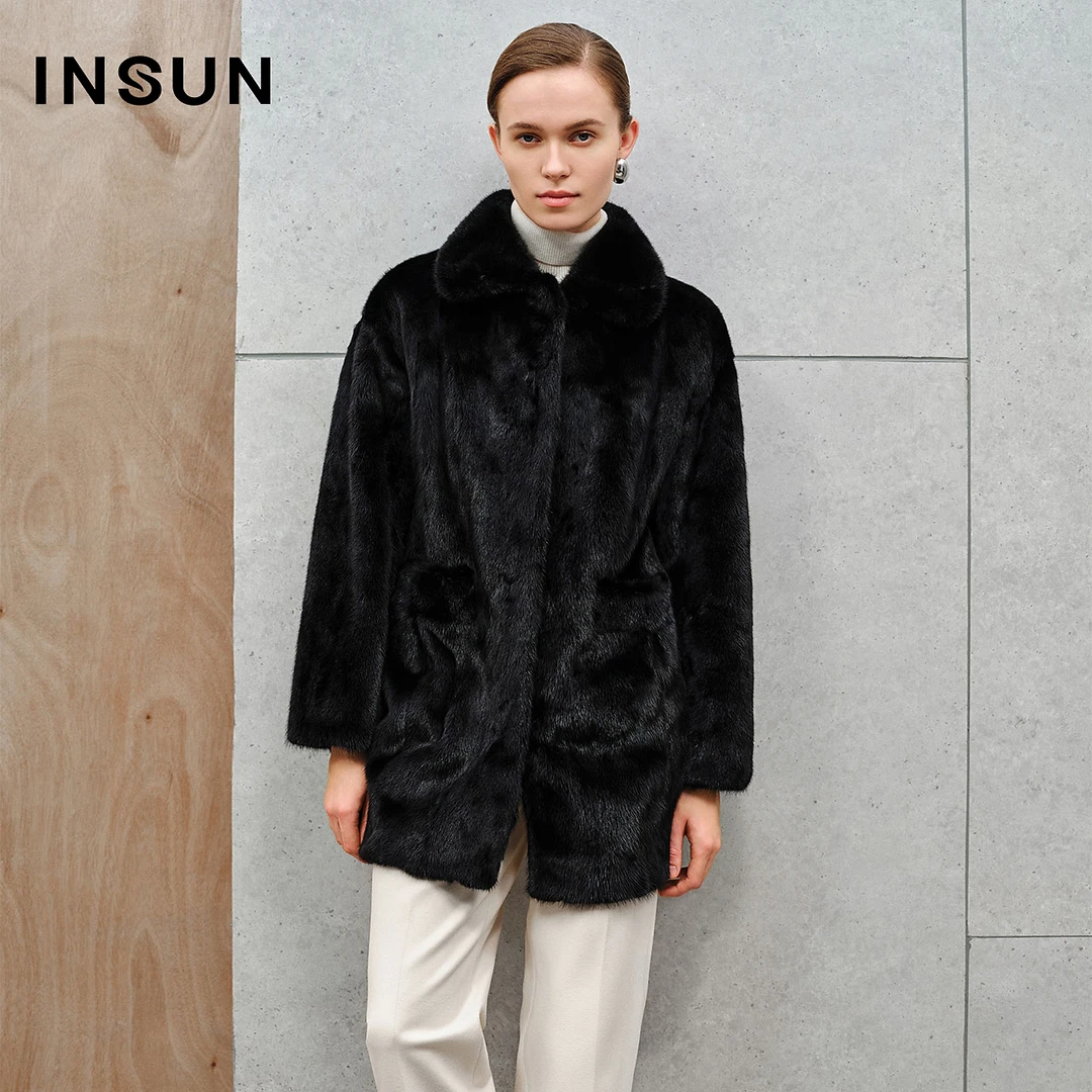 INSUN恩裳专选冬季整貂大衣翻领皮草外套