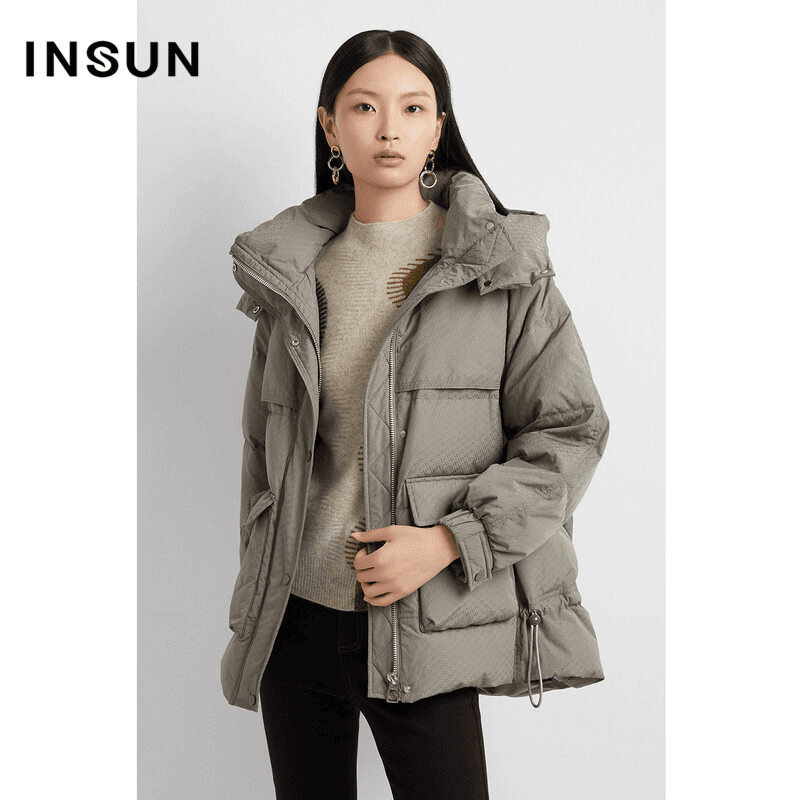 INSUN恩裳专选冬季提花一手长休闲鹅绒面包服