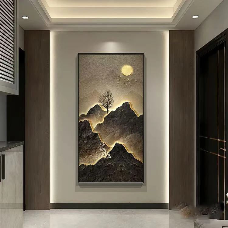 【云起】新中式晶瓷镶钻月洒银山玄关装饰画走廊过道立体挂画80160