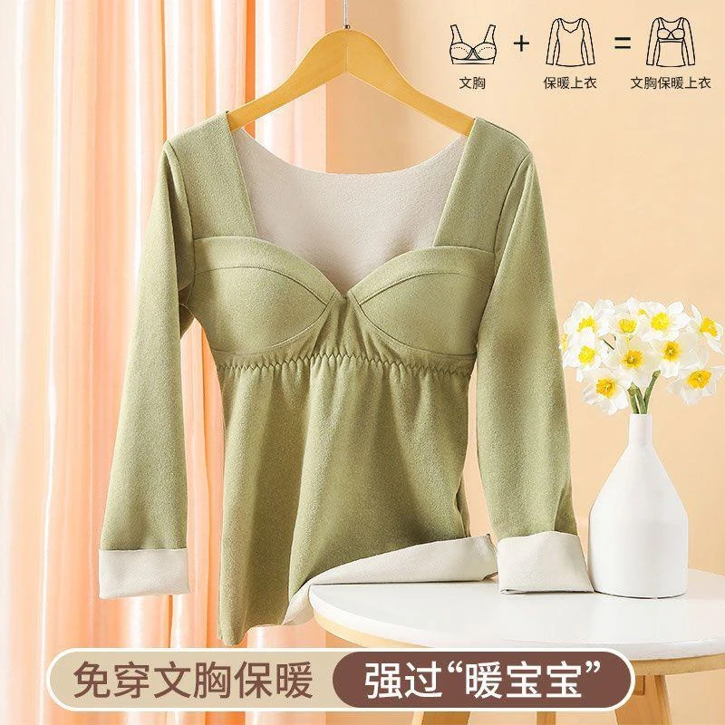 德绒舒适保暖内衣女士带胸垫加绒加厚打底春新款秋冬大码长袖上衣