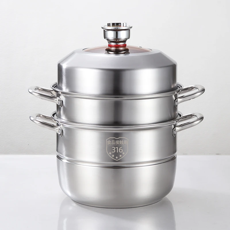 316L不锈钢加厚材质蒸馒头蒸笼屉机械式定时蒸锅三层电磁炉无磁