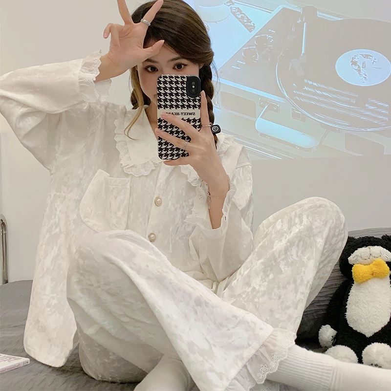 秋冬新款睡衣女士金丝绒网红轻奢花边蕾丝甜美长袖家居服套装爆款