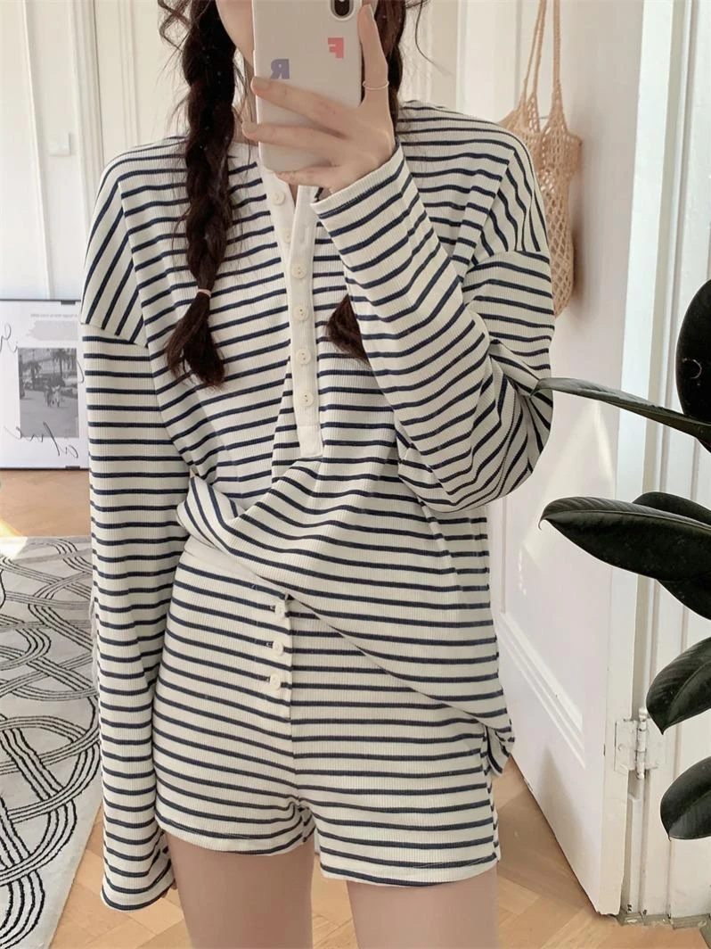 莫代尔睡衣女夏条纹长袖短裤休闲运动家居服套装外穿春秋夏季
