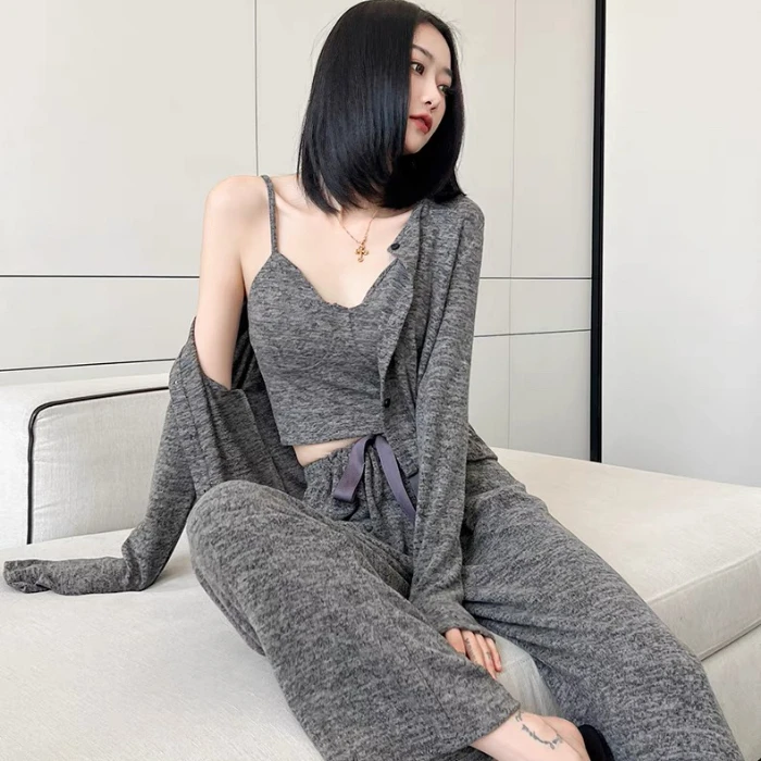 莫代尔棉法式睡衣三件套长袖女2025春秋季新款胸垫可外穿家居服冬