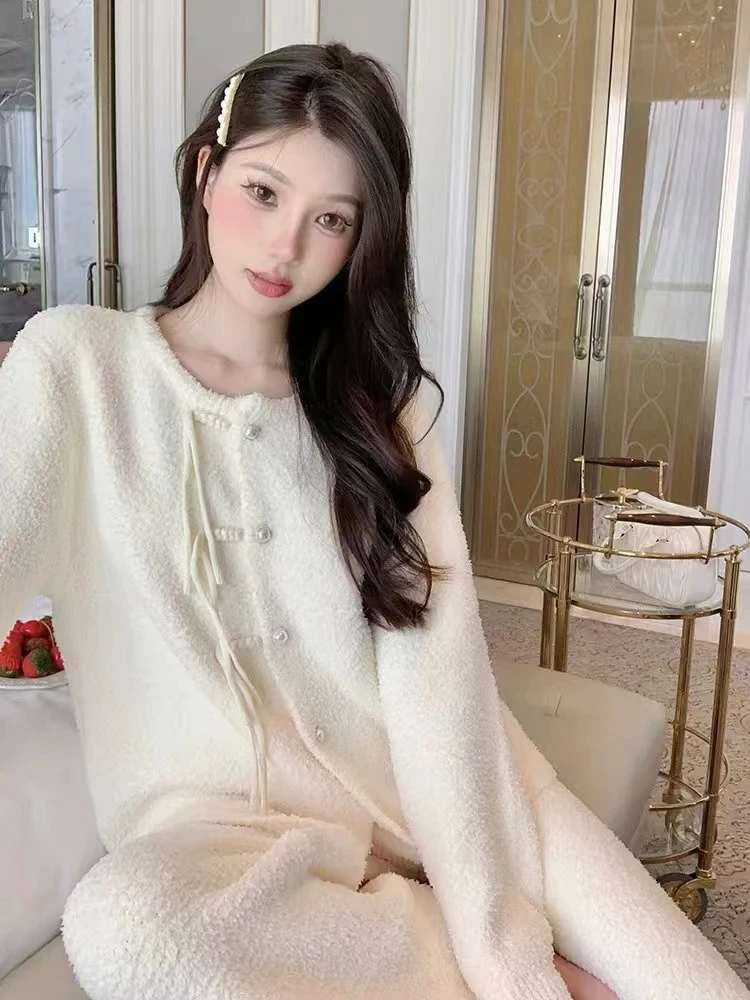 清风白茶软绵绵可外穿半边绒可爱宽松保暖国风睡衣女秋冬季家居服