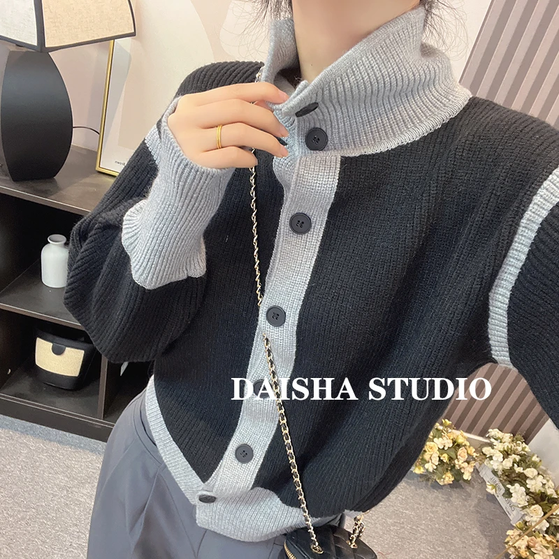 秋冬慵懒两穿拼色毛衣开衫女设计感洋气百搭韩系针织衫上衣厚AA36