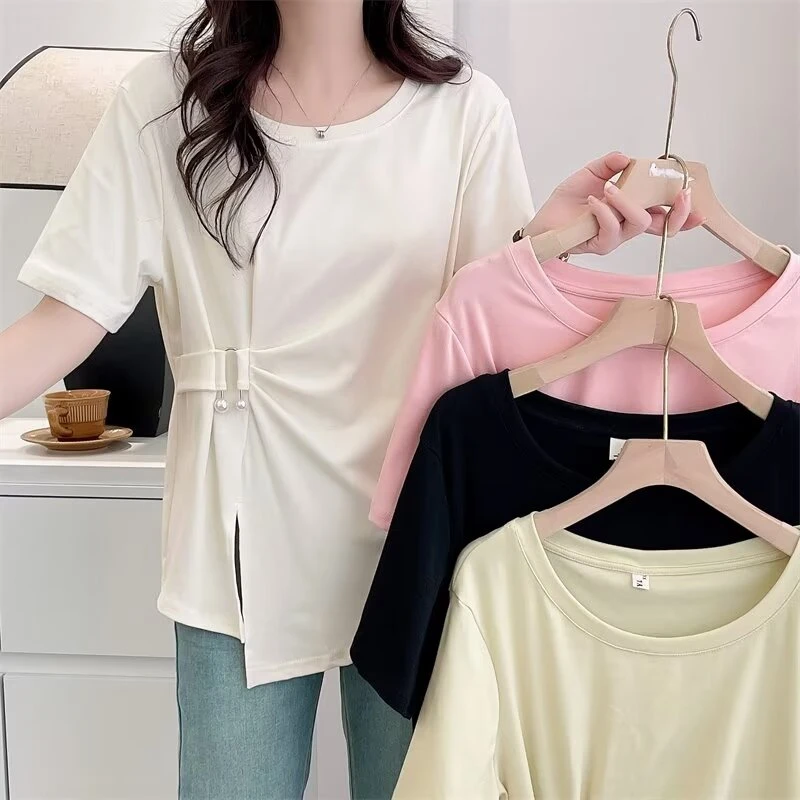 美格加-110-200大码女装夏季新款设计感开叉褶皱显瘦百搭短袖