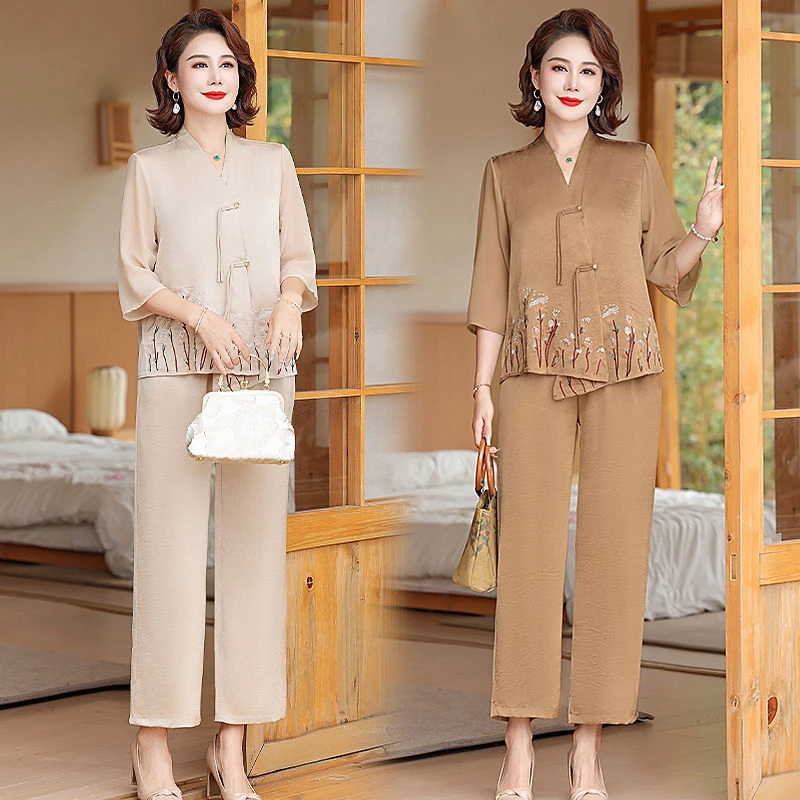 妈妈装夏装新中式国风套装贵夫人洋气上衣两件套中老年女夏季小衫