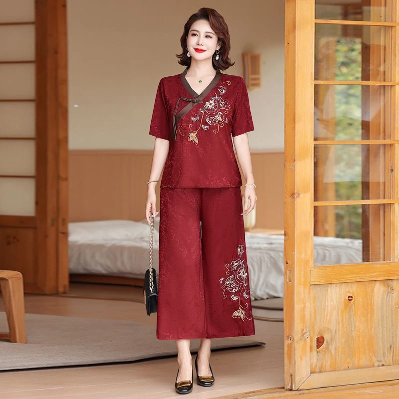 新中式国风套装短袖衬衫民族风小衫小个子女装妈妈阔腿裙裤两件套