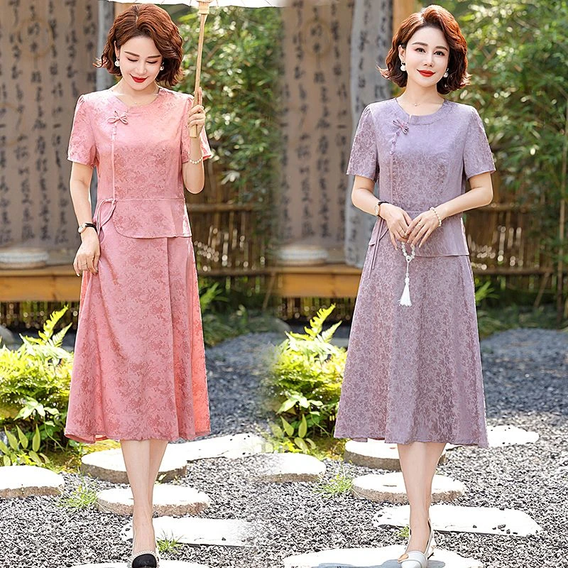新中式国风夏季假两件短袖气质连衣裙2024新款时尚妈妈显瘦裙子