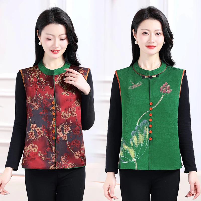 春秋民族复古上衣马甲国风新款盘扣坎肩外套双面提花中式背心妈妈