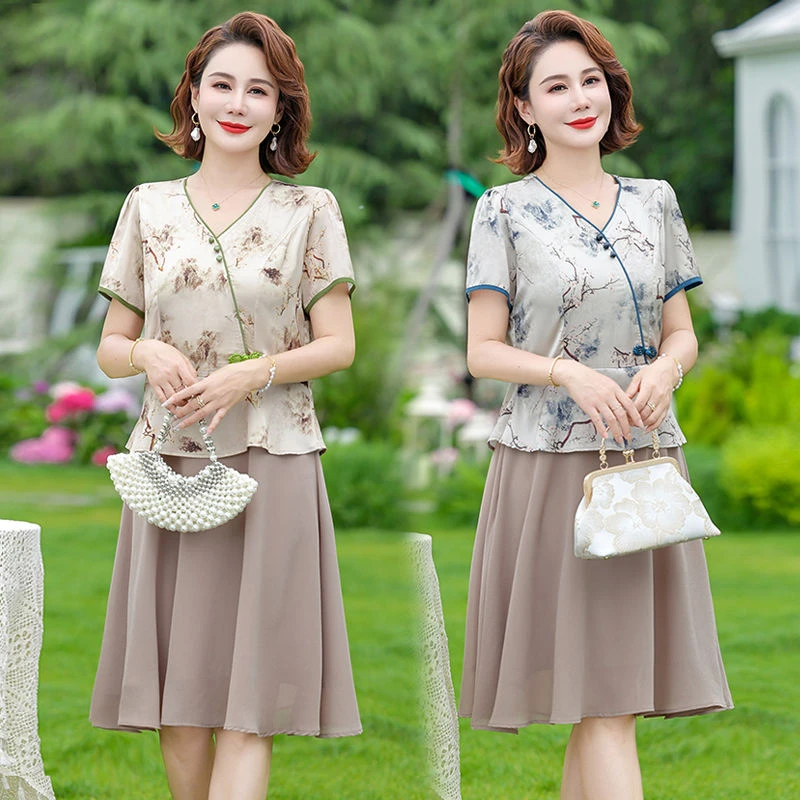 国风妈妈夏装气质短袖连衣裙洋气2024新款夏季中年女装假两件裙子