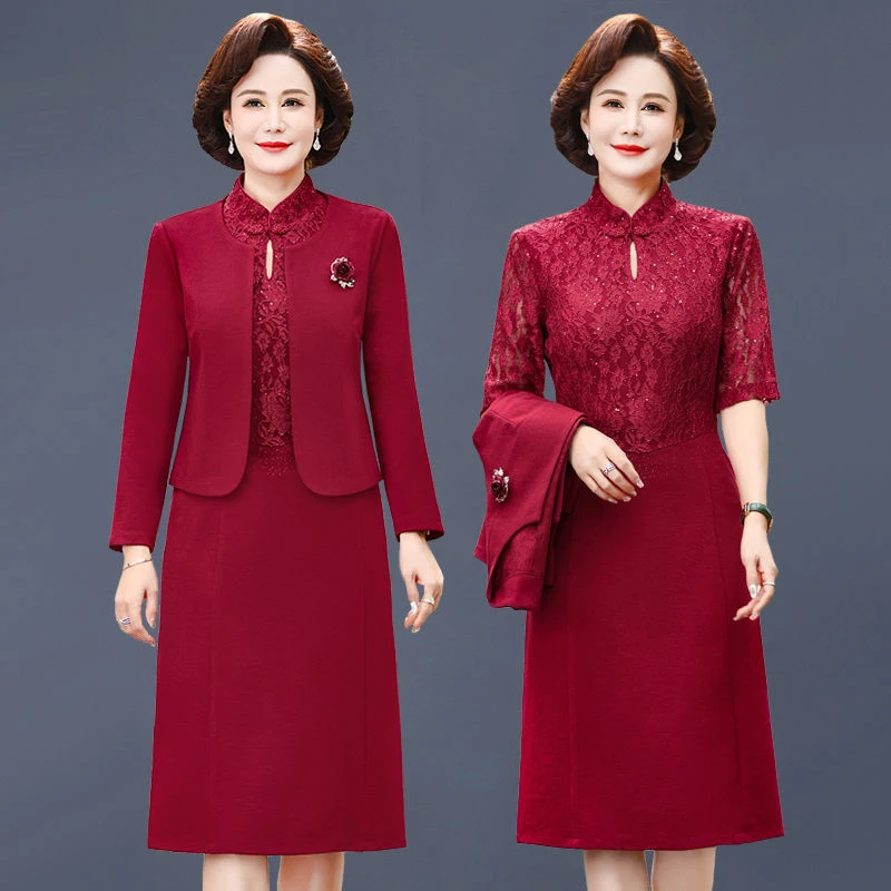 婚礼妈妈结婚两件套高贵连衣裙套装新款中年婆婆两件婚宴礼服裙子