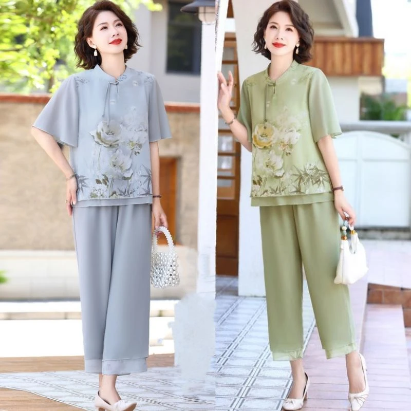 妈妈装夏装时尚短袖新中式洋气中年国风套装中老年夏季上衣两件套