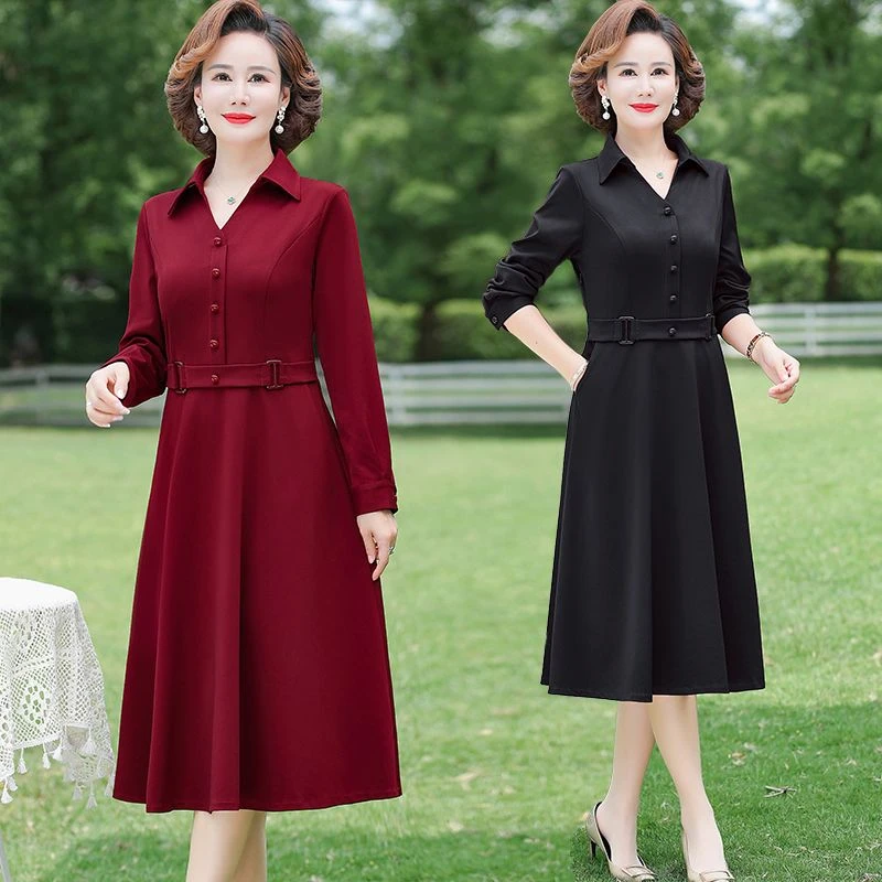 新款中老年女装春秋长袖连衣裙女显瘦妈妈装遮肚子中长款翻领裙子