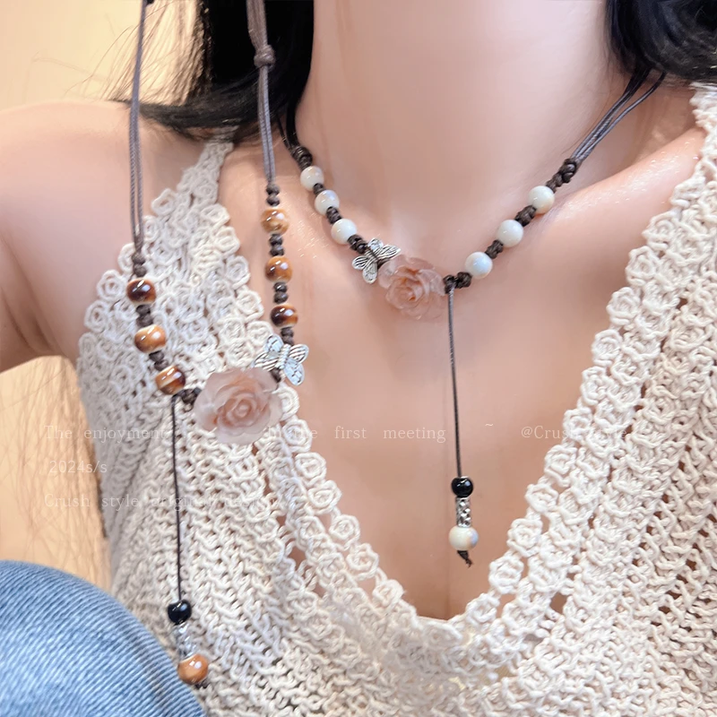 非金属陶瓷项链 LDLC玫瑰花编织配饰复古新中式可抽拉长款锁骨链