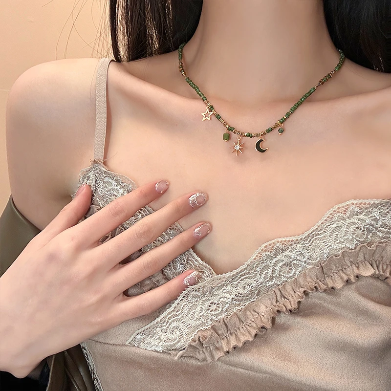 铜合金亚克力项链 LDLC复古串珠星月流苏毛衣链小众高级设计配饰