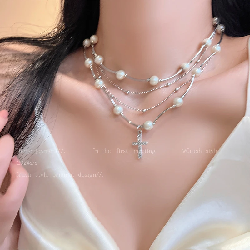 铜合金仿珍珠项链 甜酷复古多层贝珠吊坠锁骨链女小众高级感颈链