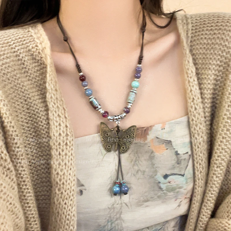 非金属陶瓷项链 LDLC复古民族风陶瓷蝴蝶编织绳锁骨链长款配饰女