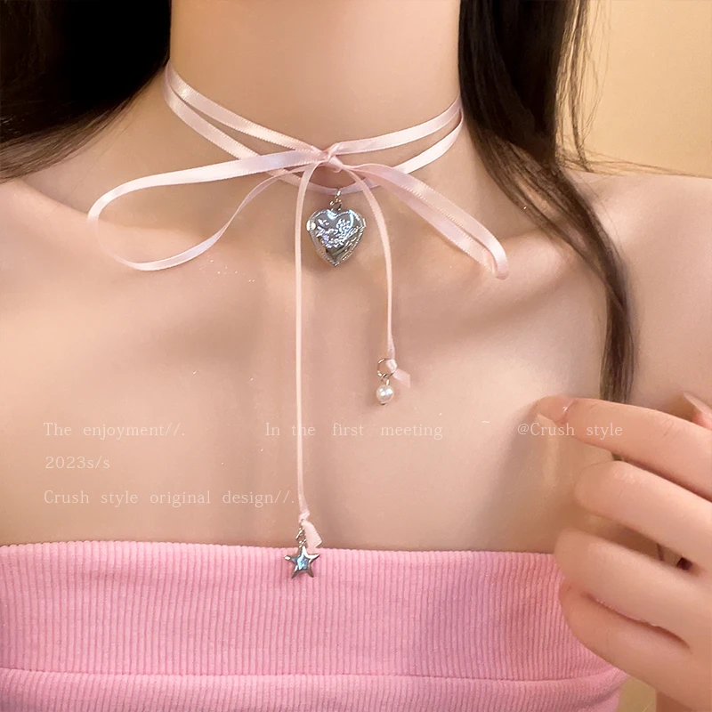 非金属布艺项链 LDLC粉色丝带蝴蝶结爱心choker女甜酷辣妹锁骨链