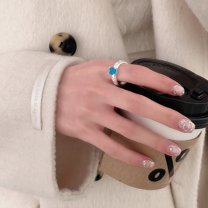 铜合金合成锆石戒指 LDLC小众设计感蓝钻芒星开口戒时尚高级戒指