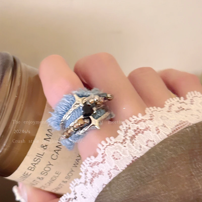 铜合金布艺戒指 牛仔芒星三层珠珠指环女时尚小众设计手工食指戒