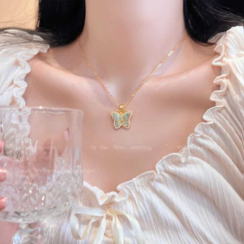 铜合金项链 小众气质蝴蝶吊坠锁骨链中古高级设计感百搭配饰YV234