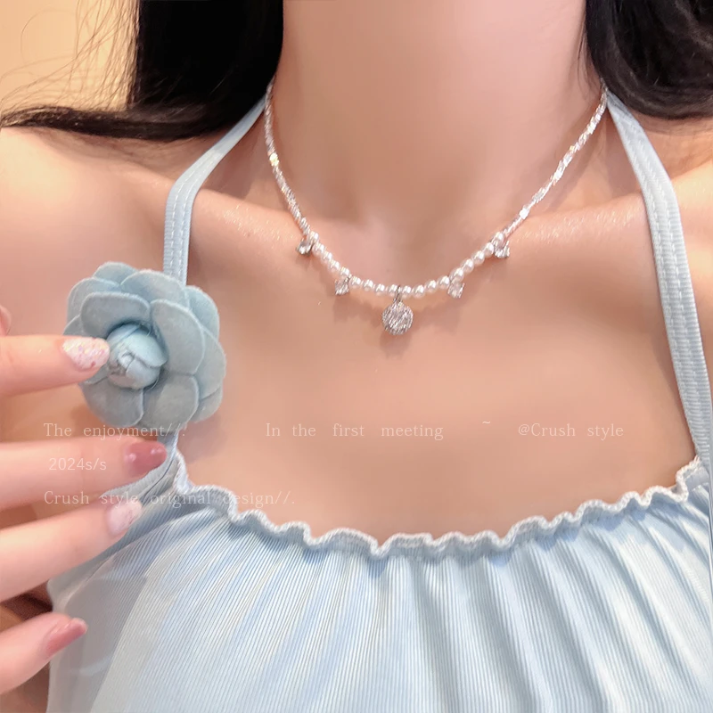铜合金仿珍珠项链 LDLC闪钻碎银几两颈链女轻奢小众高级感锁骨链