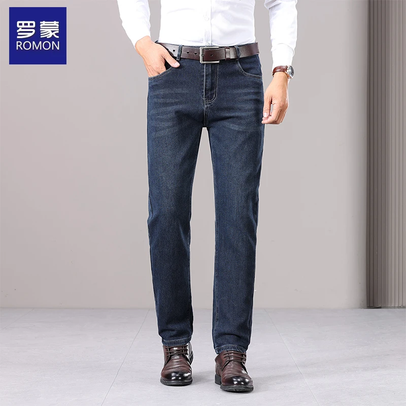 Romon/罗蒙男士牛仔裤秋冬款百搭直筒休闲牛仔长裤中年宽松弹力裤