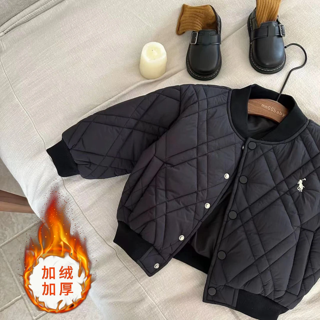 儿童韩版加绒童装2023秋冬男女童刺绣加厚棉服宝宝夹棉外套棒球服