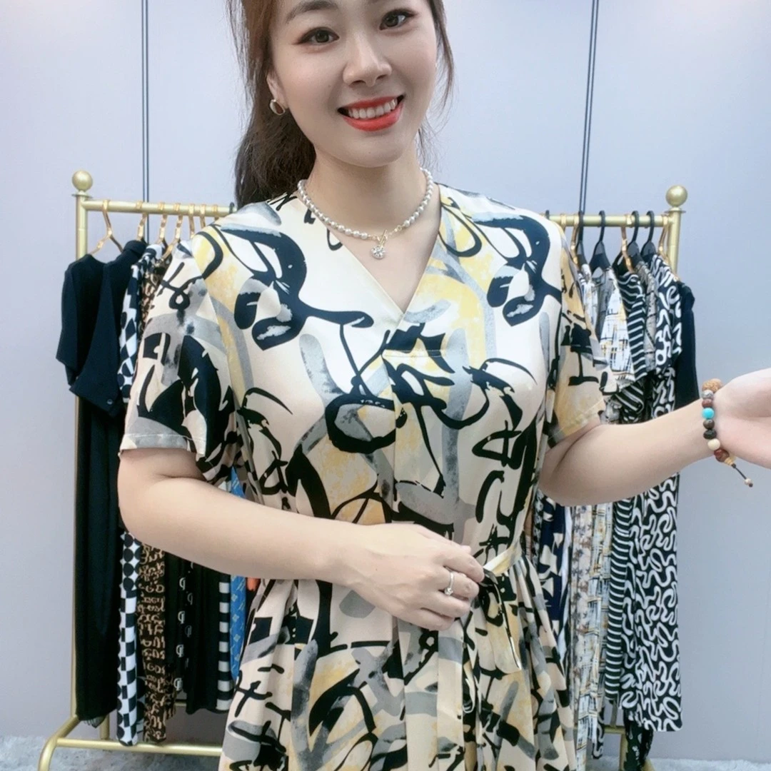 真丝连衣裙夏季大摆长裙韩版宽松显瘦气质修身短袖连衣裙女夏季