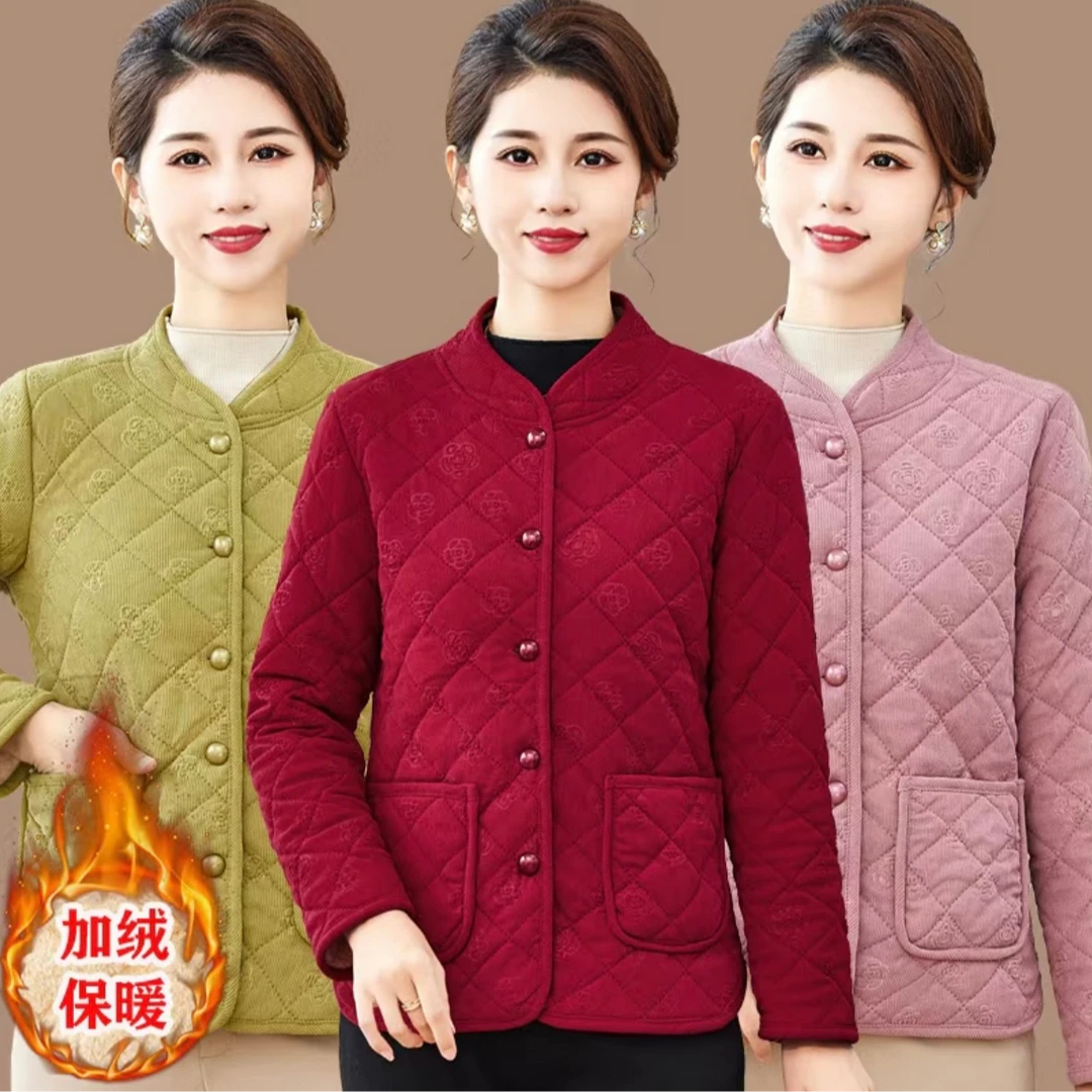 秋冬新款加绒妈妈棉衣休闲宽松短款保暖中老年棉服外套棉袄