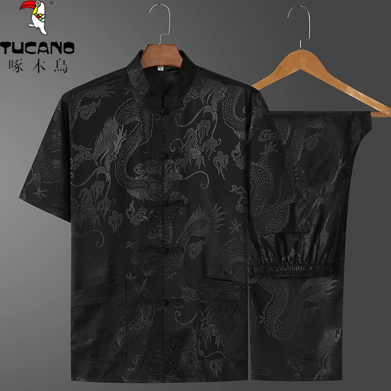 TUCANO/啄木鳥唐装男中老年中国风短袖套装老人夏装薄款爸爸爷爷Y