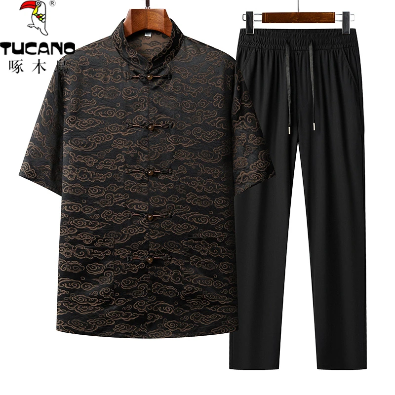 TUCANO/啄木鳥夏季男士休闲薄款中国风时尚衬衫套装爸爸装短袖