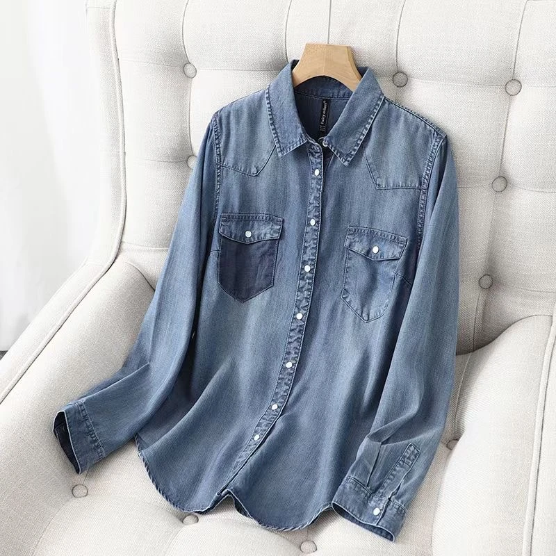 天丝牛仔衬衫女2022春秋新款法式上衣高级感小众长袖时尚潮流衬衣