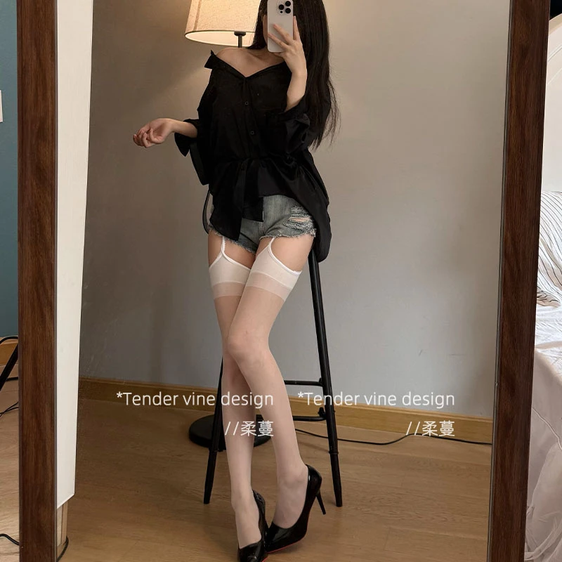 柔蔓蕾丝吊带丝袜假两件拼接萝莉jk纯欲风黑丝性感长筒袜子ins潮